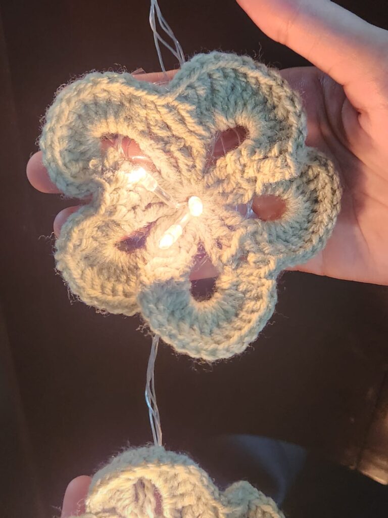 5 petal crochet flower decoration with fairy lights