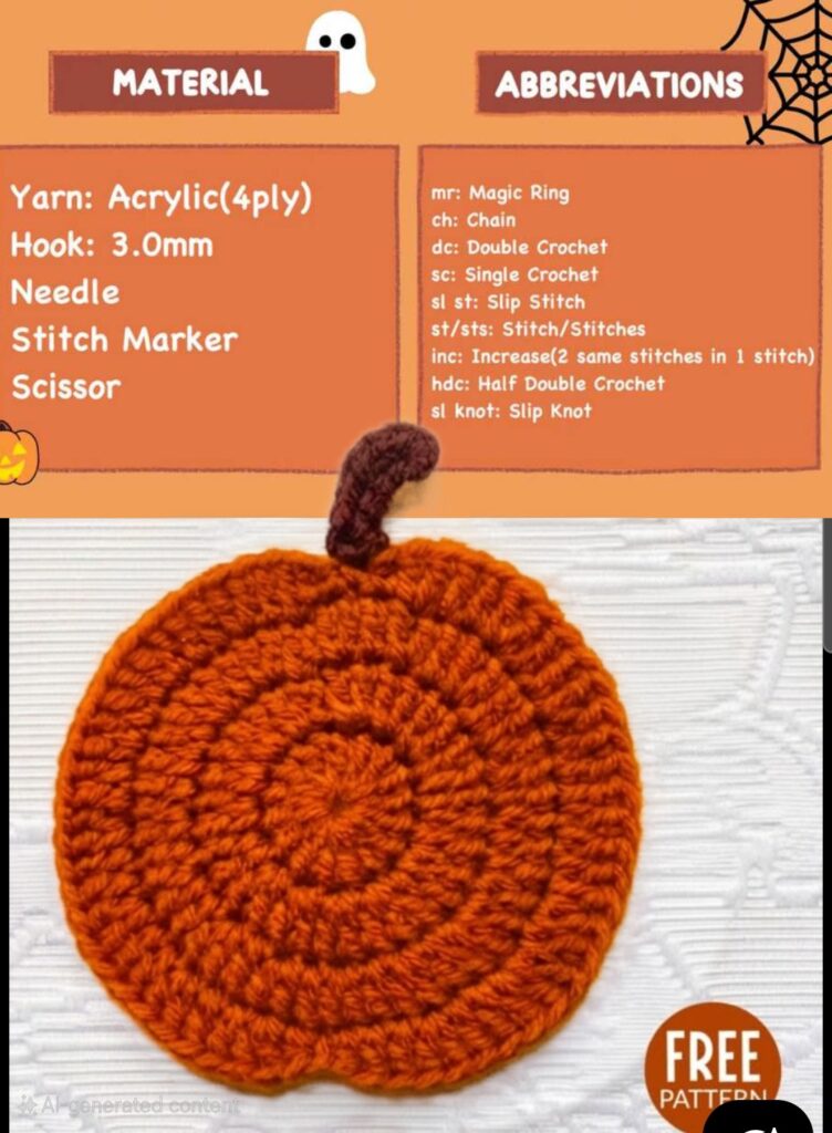 Orange crochet pumpkin coaster with a brown stem